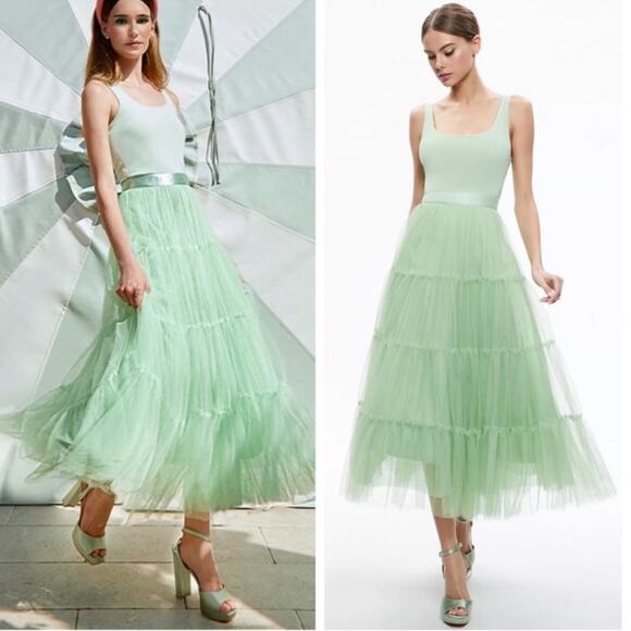 Alice + Olivia Chara Tulle Scoop Neck Pistachio Green Midi Dress Size 8 - Picture 1 of 13